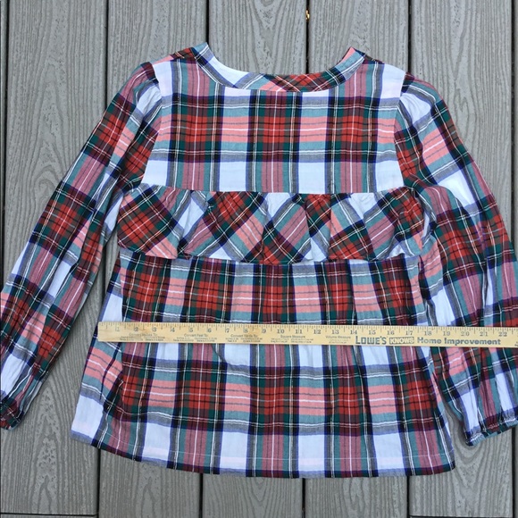 J.Crew Ruffle long sleeve blouse.Red, green, black, gold sparkle thread plaid XS - Picture 5 of 9